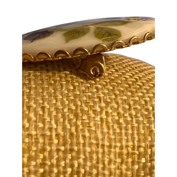 Vintage Ceramic Transferware Brooch Pin Green Black Flower Oval Gold Tone Estate - Picture 3 of 6